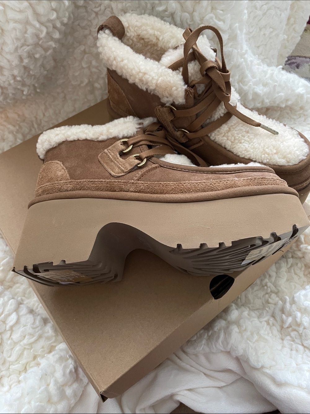UGG Brown Suede Platform Ankle Boots with Cream Sherpa - Picture 2 of 4